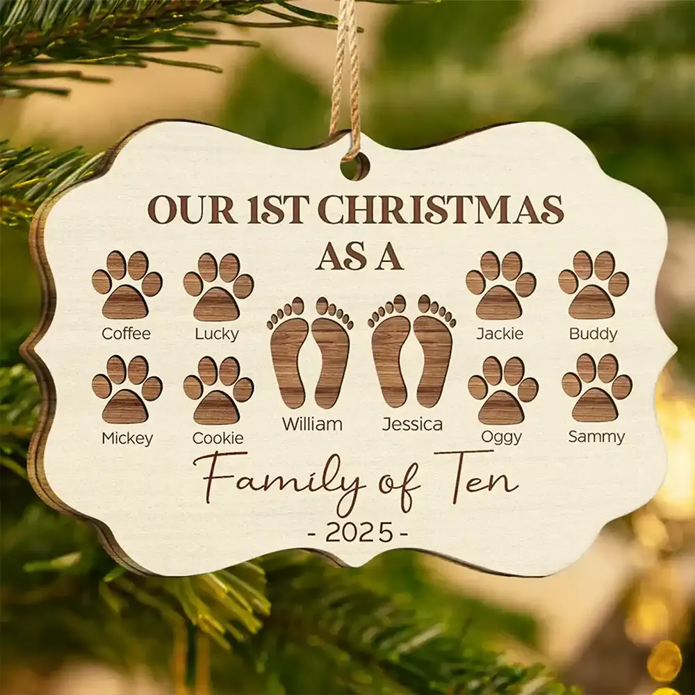 First Christmas As A Family Of Four Footprints - Personalized Medallion Wooden Ornament - Image 3
