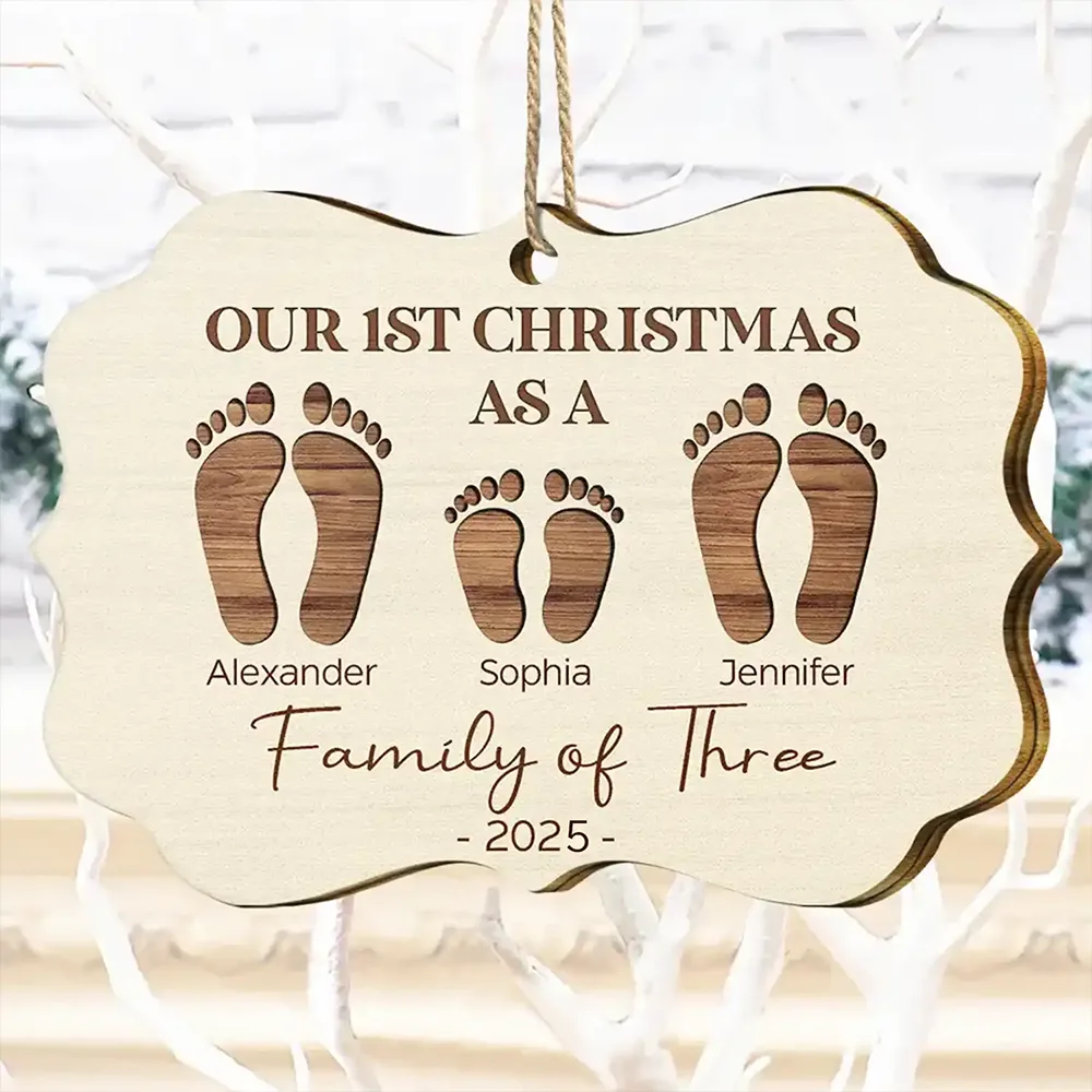 First Christmas As A Family Of Four Footprints - Personalized Medallion Wooden Ornament - Image 4