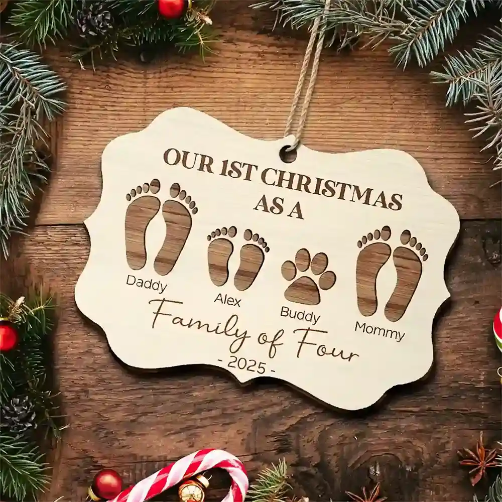 First Christmas As A Family Of Four Footprints - Personalized Medallion Wooden Ornament - Image 5