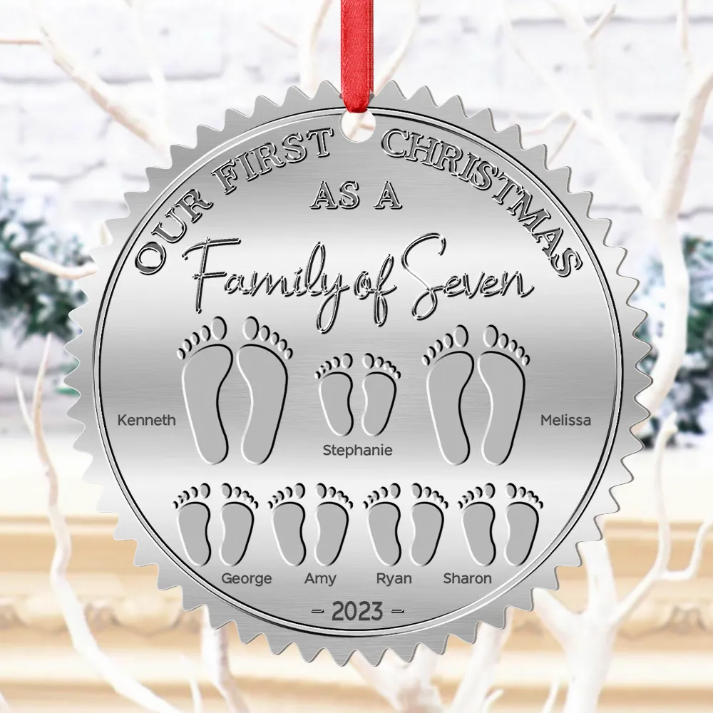 First Christmas As A Family Of Four Footprints - Personalized Metal Ornament - Image 4