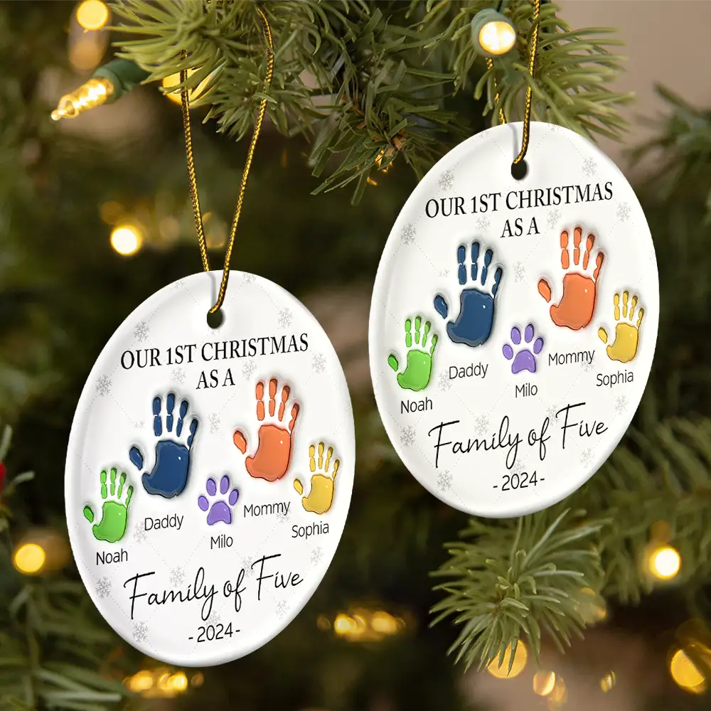 First Christmas As A Family Of Four Handprints - 3D Inflated Effect Printed Ornament, Personalized Circle Ceramic Ornament - Image 2