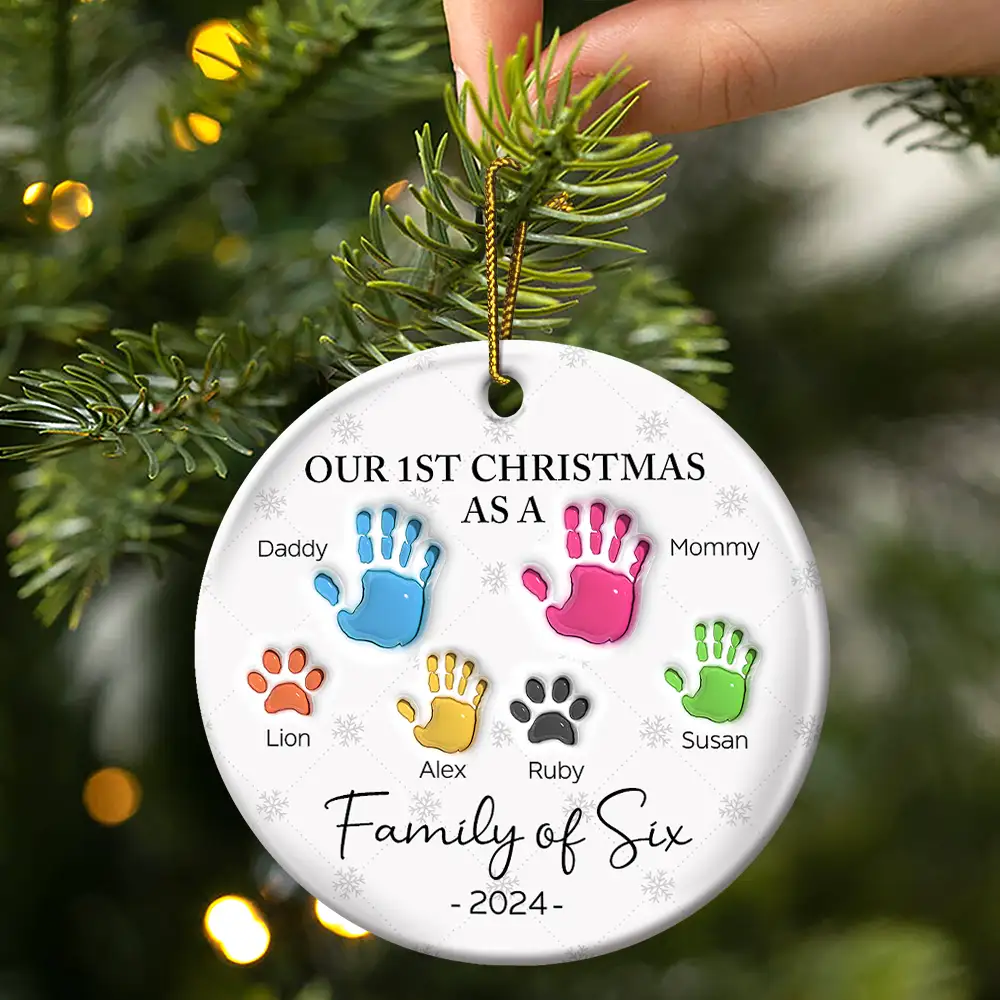 First Christmas As A Family Of Four Handprints - 3D Inflated Effect Printed Ornament, Personalized Circle Ceramic Ornament - Image 3