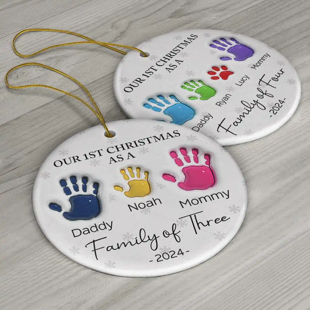 First Christmas As A Family Of Four Handprints - 3D Inflated Effect Printed Ornament, Personalized Circle Ceramic Ornament - Image 6