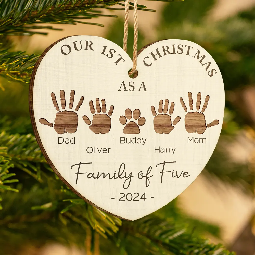 First Christmas As A Family Of Four Handprints - Personalized Custom Shaped Wooden Ornament - Image 3