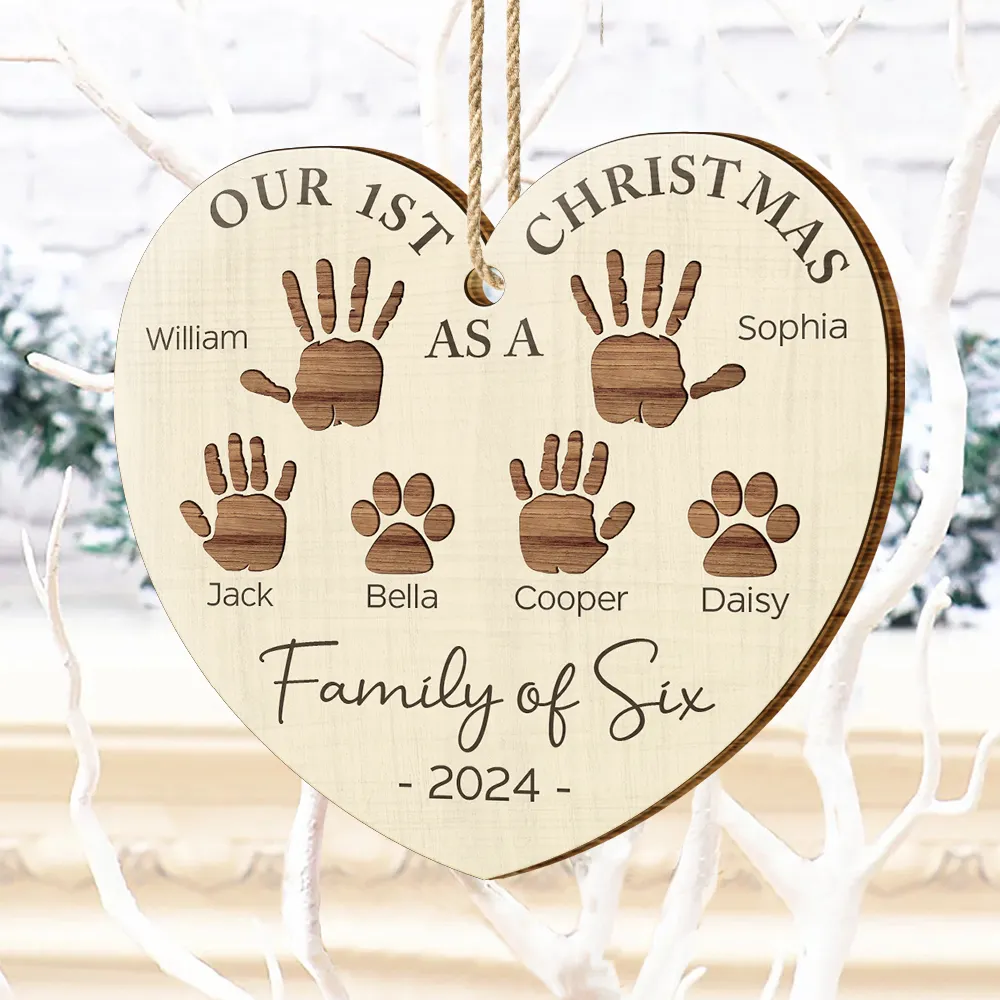 First Christmas As A Family Of Four Handprints - Personalized Custom Shaped Wooden Ornament - Image 4