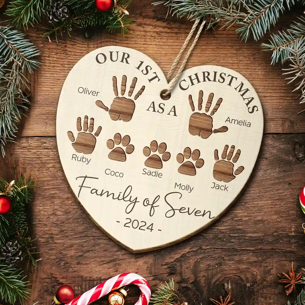 First Christmas As A Family Of Four Handprints - Personalized Custom Shaped Wooden Ornament - Image 5