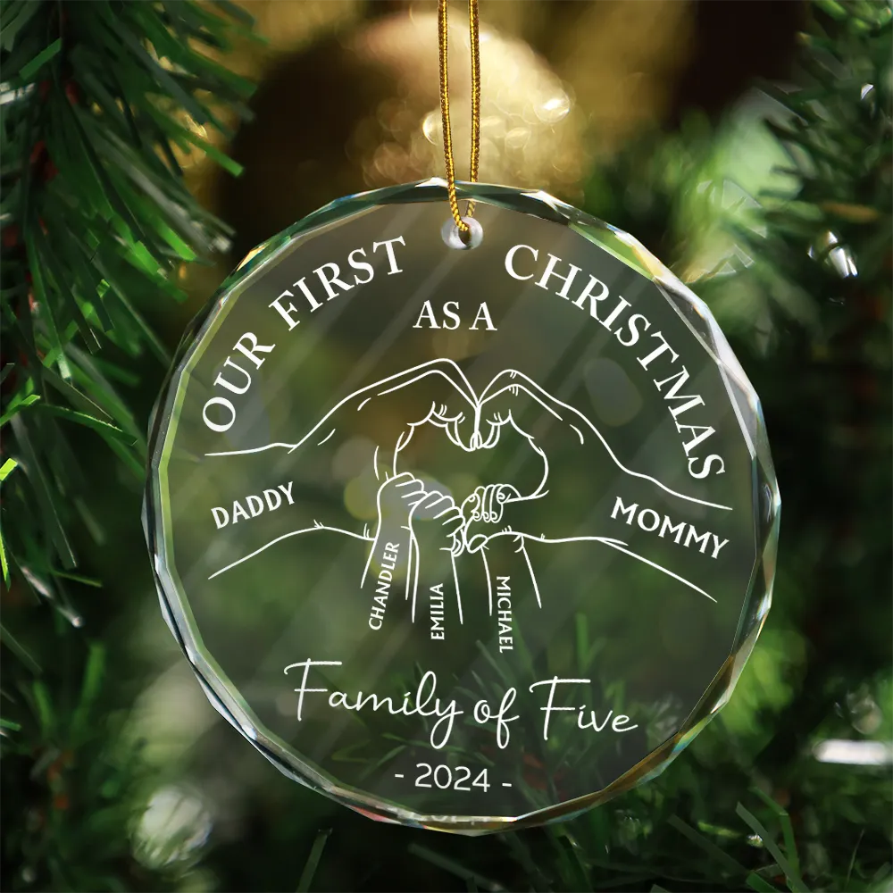 First Christmas As A Family Of Four Holding Hands - Personalized Circle Glass Ornament - Image 3