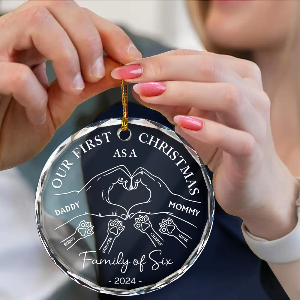 First Christmas As A Family Of Four Holding Hands - Personalized Circle Glass Ornament - Image 4