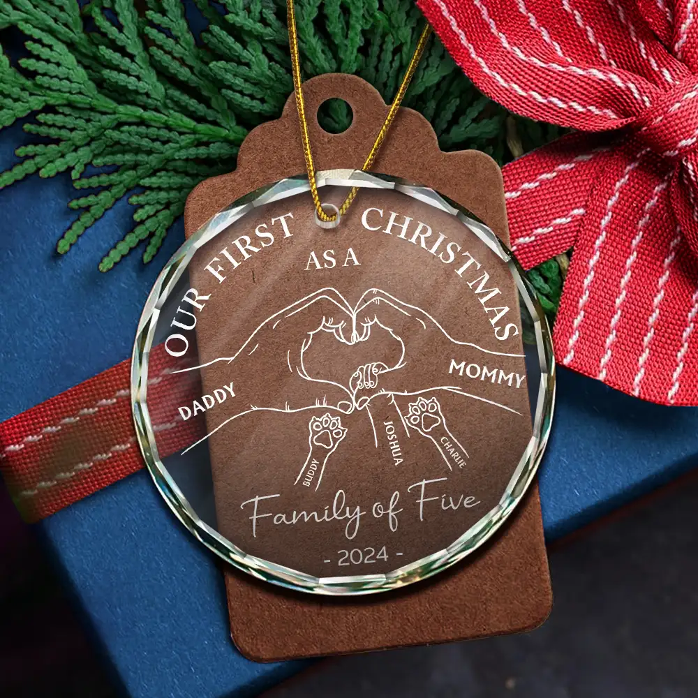 First Christmas As A Family Of Four Holding Hands - Personalized Circle Glass Ornament - Image 5