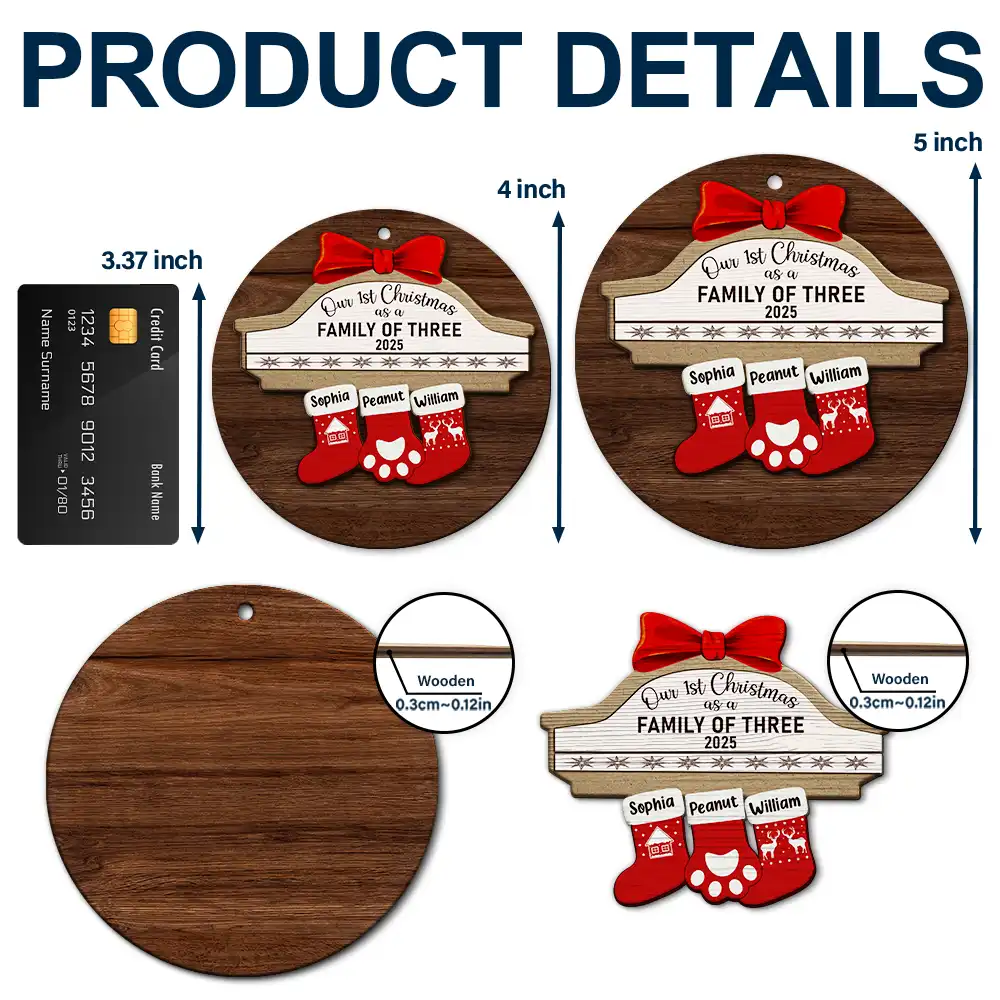 First Christmas As A Family Of Four Stocking Family - Personalized 2-Layered Wooden Ornament - Image 5