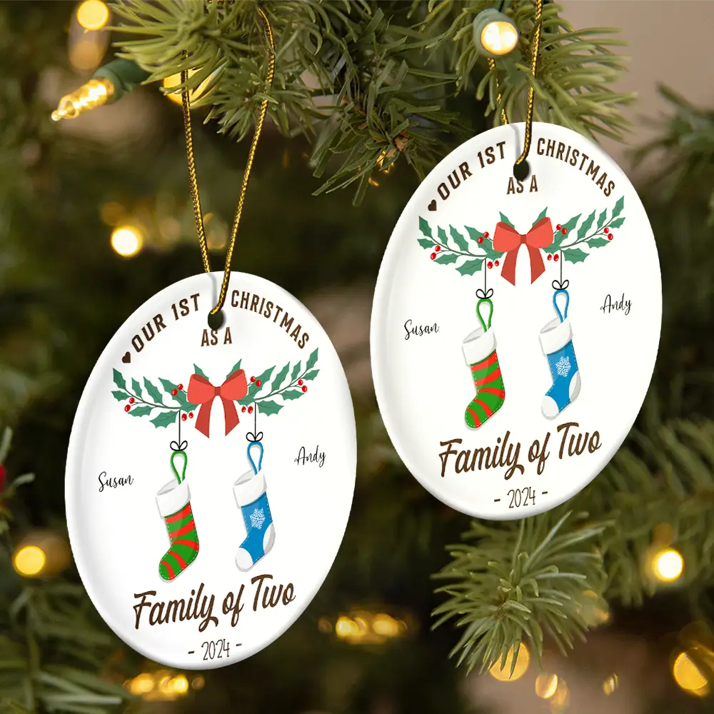First Christmas As A Family Of Four Stocking - Personalized Circle Ceramic Ornament - Image 2