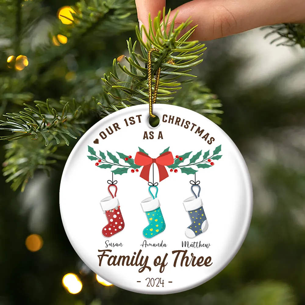 First Christmas As A Family Of Four Stocking - Personalized Circle Ceramic Ornament - Image 3