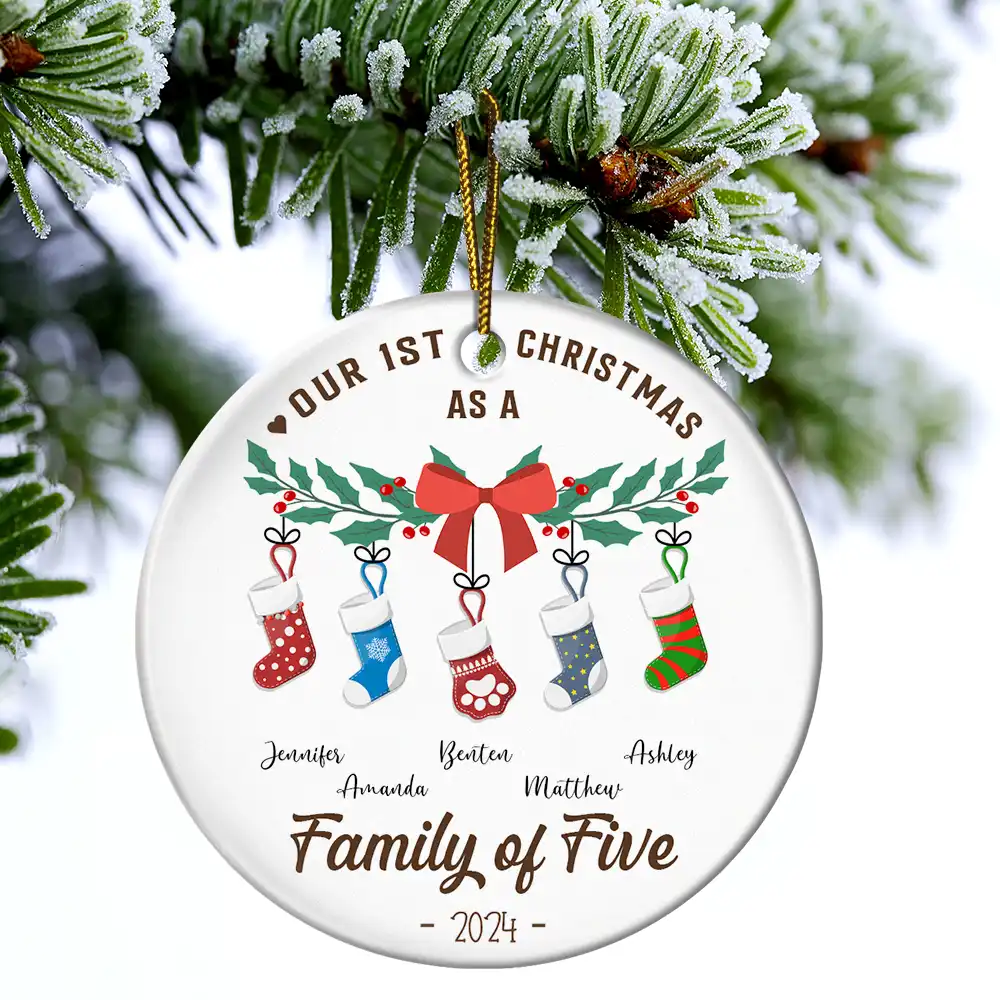 First Christmas As A Family Of Four Stocking - Personalized Circle Ceramic Ornament - Image 4