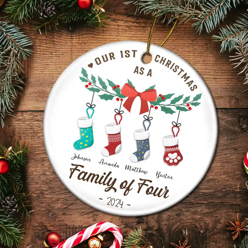 First Christmas As A Family Of Four Stocking - Personalized Circle Ceramic Ornament - Image 5