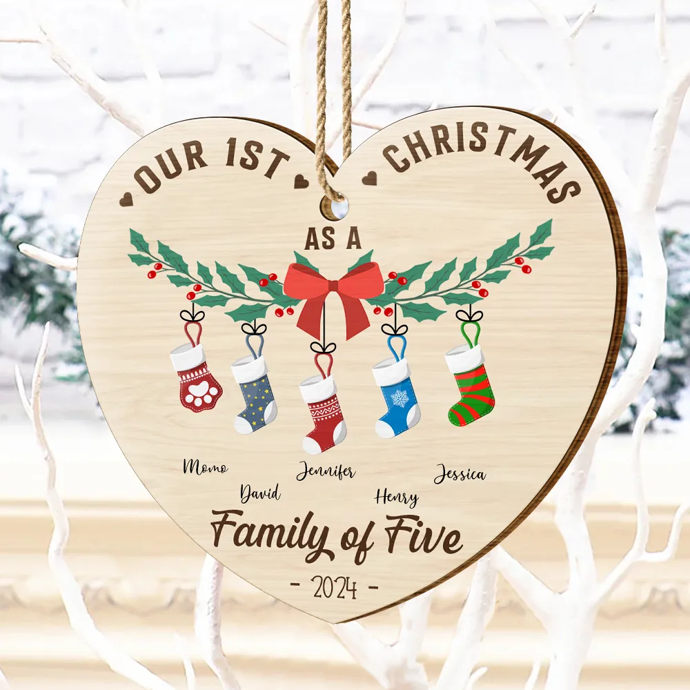 First Christmas As A Family Of Four Stocking - Personalized Custom Shaped Wooden Ornament - Image 4