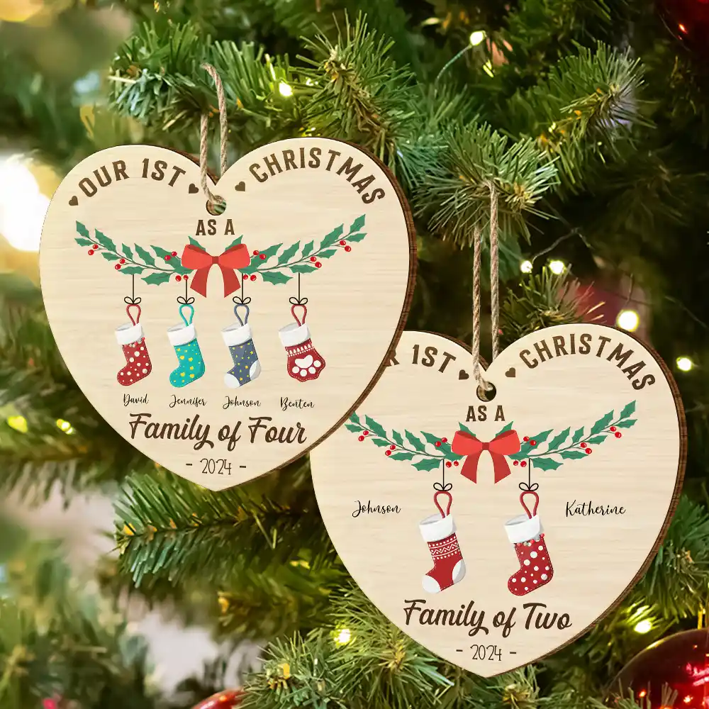 First Christmas As A Family Of Four Stocking - Personalized Custom Shaped Wooden Ornament - Image 6