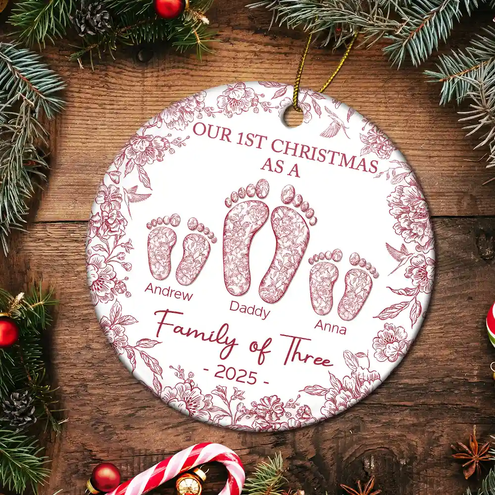 First Christmas As A Family Of Four Toile Footprints - Personalized Circle Ceramic Ornament - Image 5