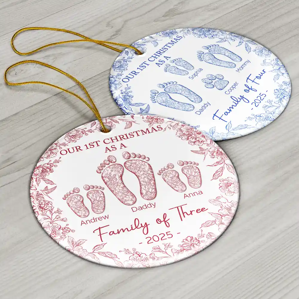 First Christmas As A Family Of Four Toile Footprints - Personalized Circle Ceramic Ornament - Image 6