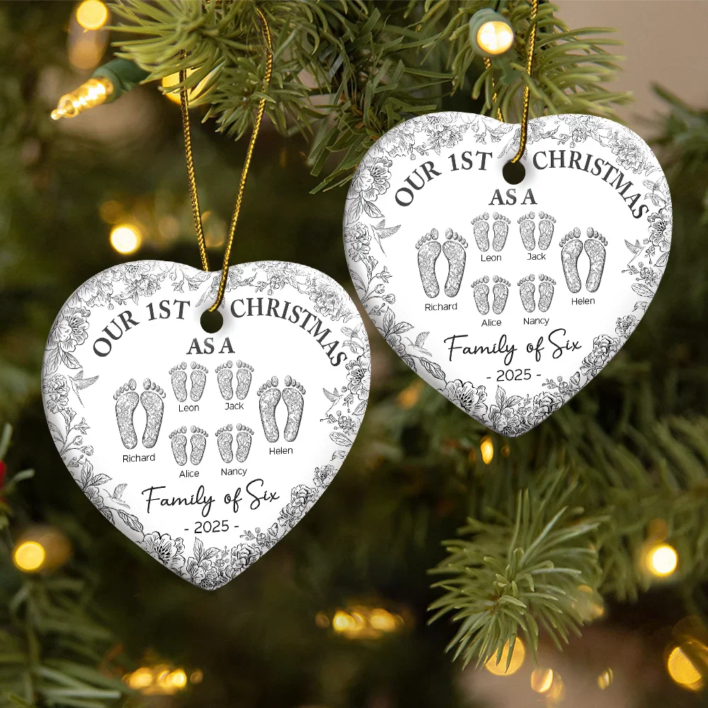 First Christmas As A Family Of Four Toile Footprints - Personalized Heart Ceramic Ornament - Image 2