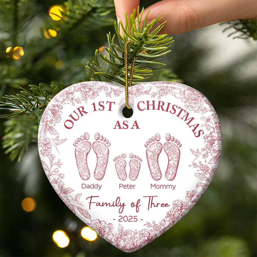 First Christmas As A Family Of Four Toile Footprints - Personalized Heart Ceramic Ornament - Image 3