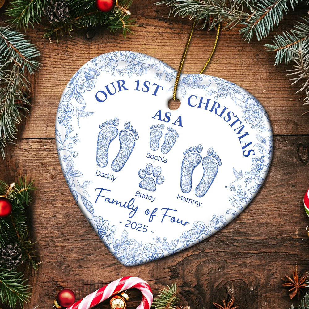 First Christmas As A Family Of Four Toile Footprints - Personalized Heart Ceramic Ornament - Image 5