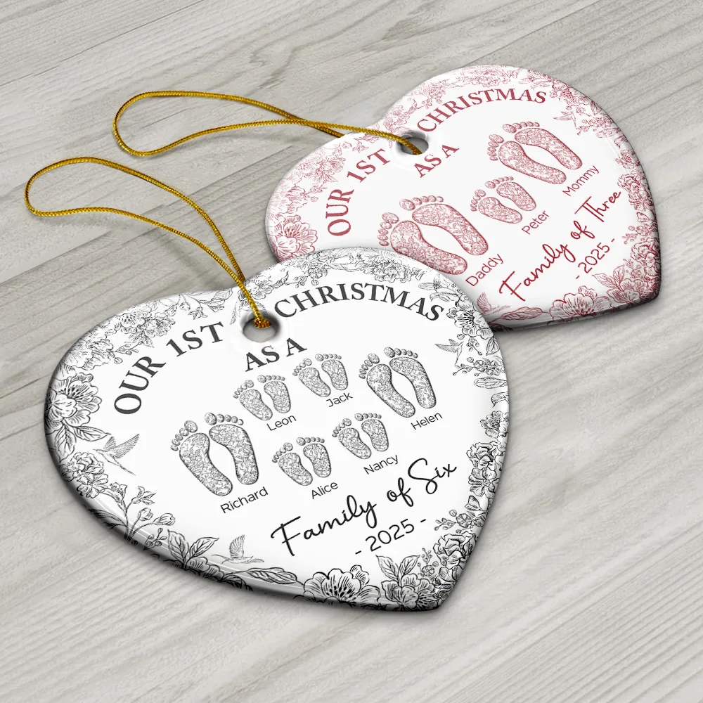 First Christmas As A Family Of Four Toile Footprints - Personalized Heart Ceramic Ornament - Image 6
