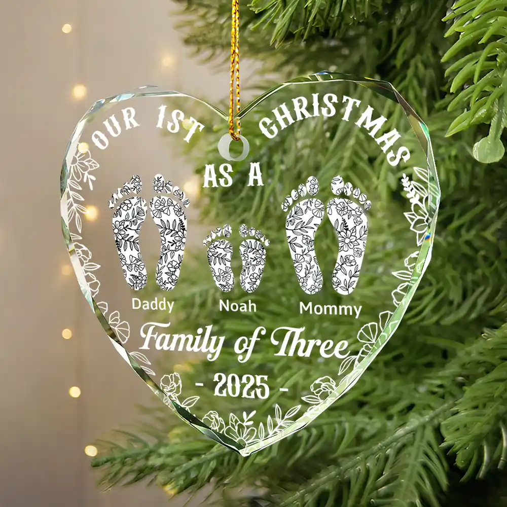 First Christmas As A Family Of Four Toile Footprints - Personalized Heart Shaped Glass Ornament - Image 2