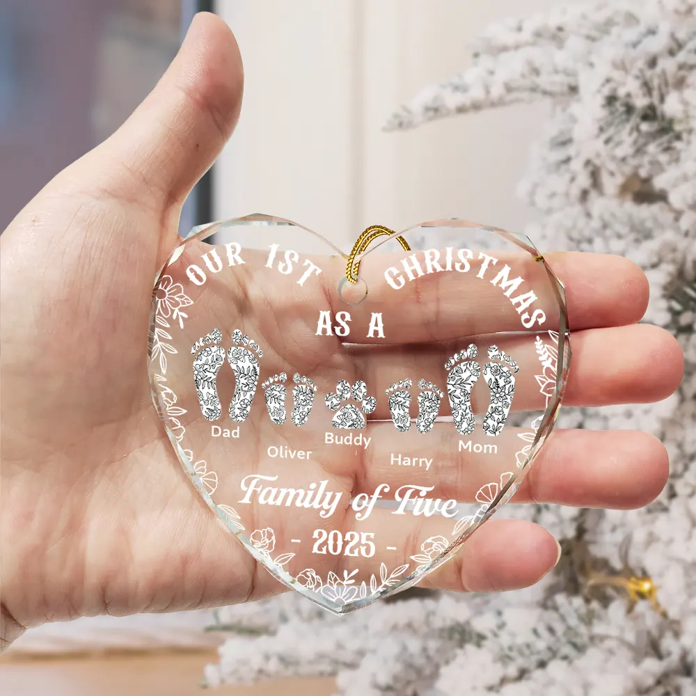 First Christmas As A Family Of Four Toile Footprints - Personalized Heart Shaped Glass Ornament - Image 3