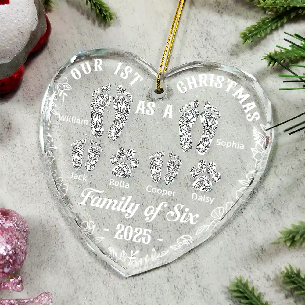 First Christmas As A Family Of Four Toile Footprints - Personalized Heart Shaped Glass Ornament - Image 4