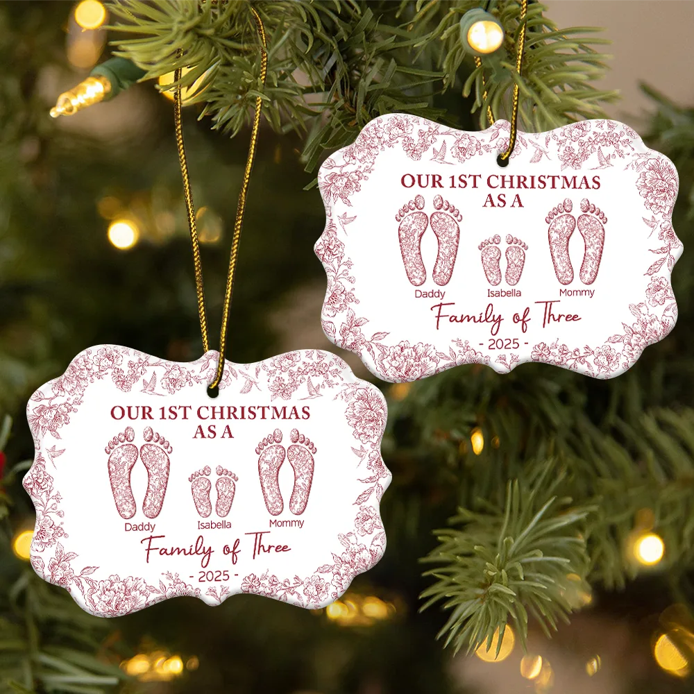 First Christmas As A Family Of Four Toile Footprints - Personalized Medallion Ceramic Ornament - Image 2