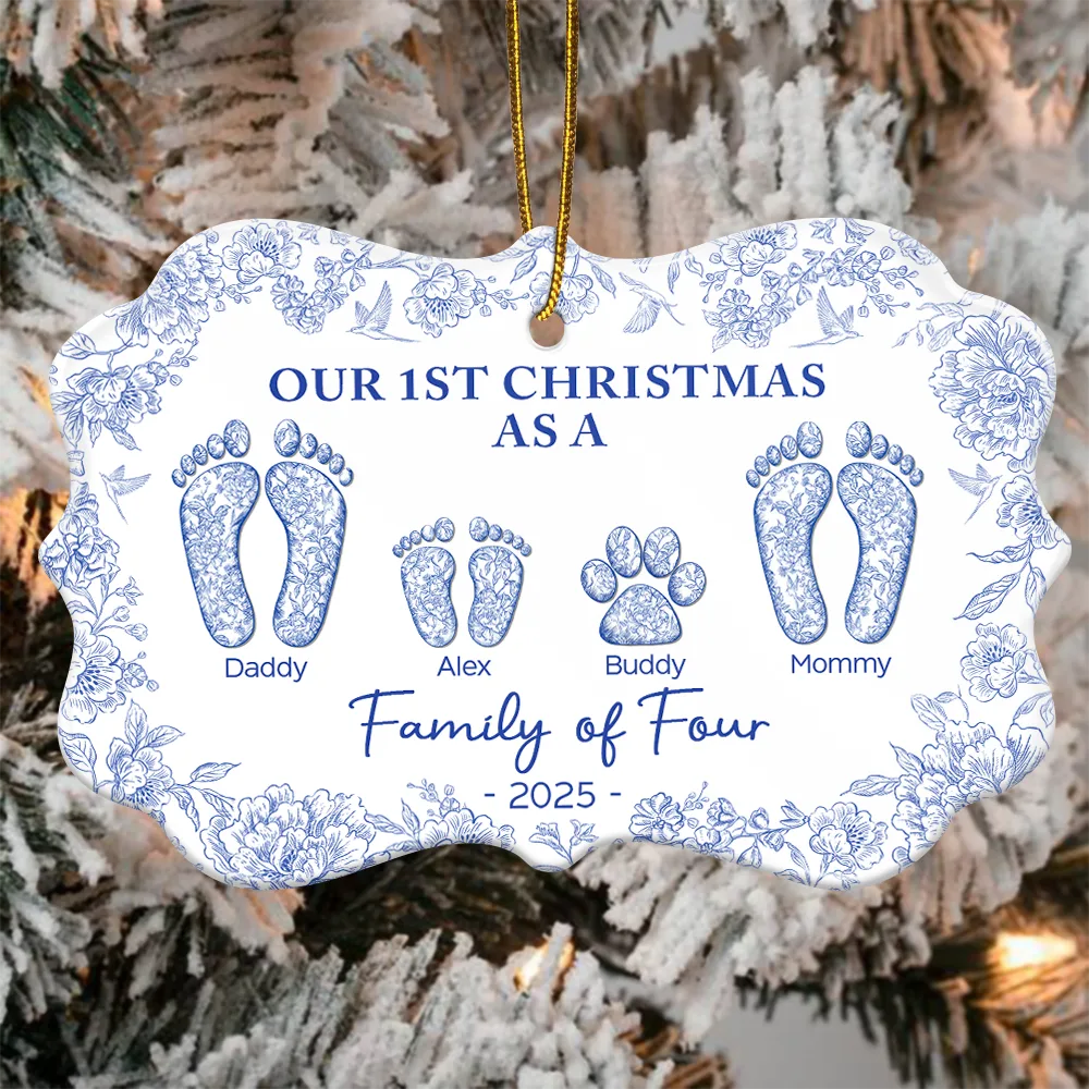 First Christmas As A Family Of Four Toile Footprints - Personalized Medallion Ceramic Ornament - Image 4