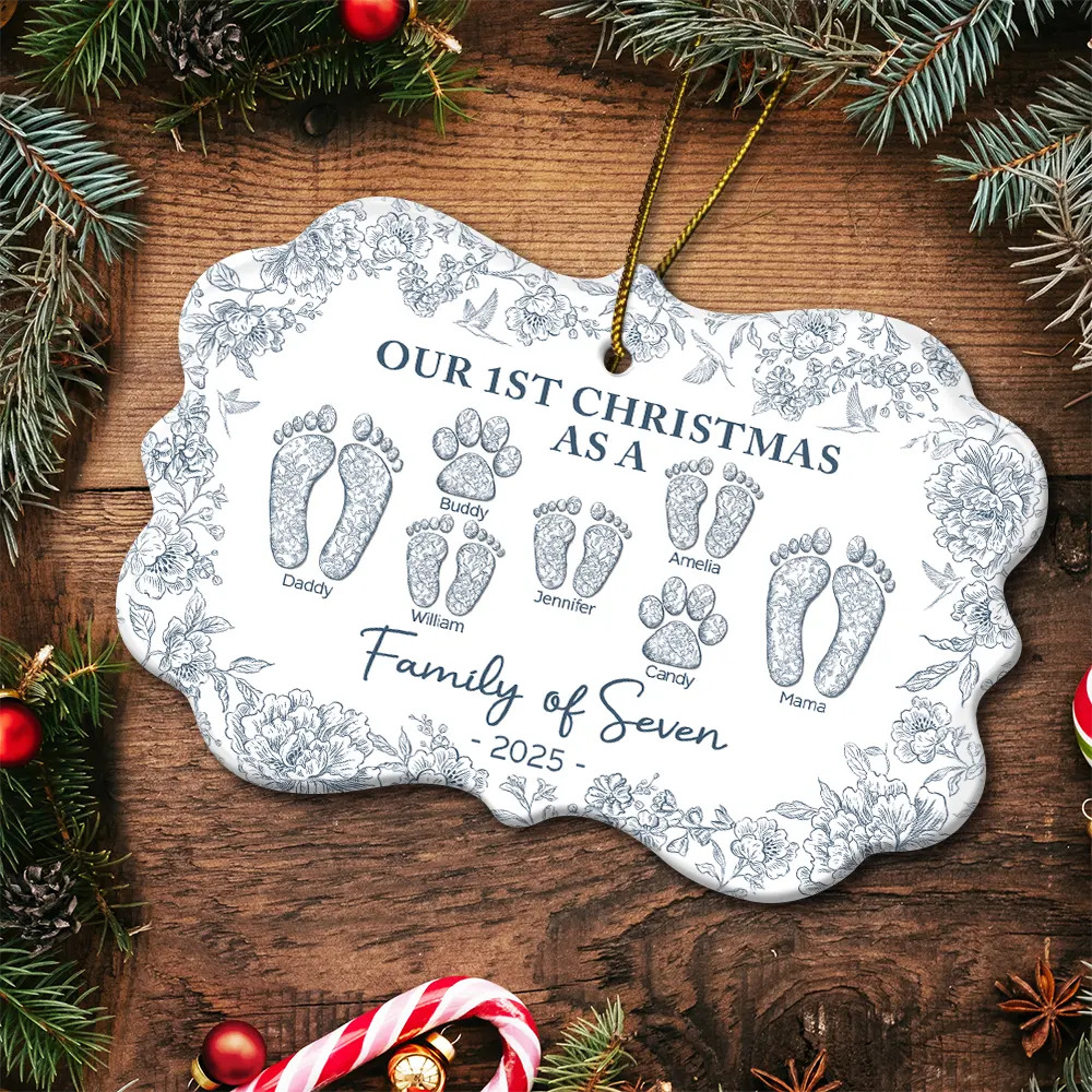 First Christmas As A Family Of Four Toile Footprints - Personalized Medallion Ceramic Ornament - Image 5