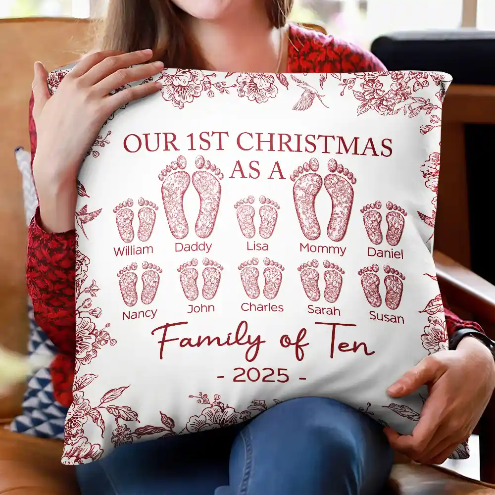 First Christmas As A Family Of Four Toile Footprints - Personalized Pillow - Image 2