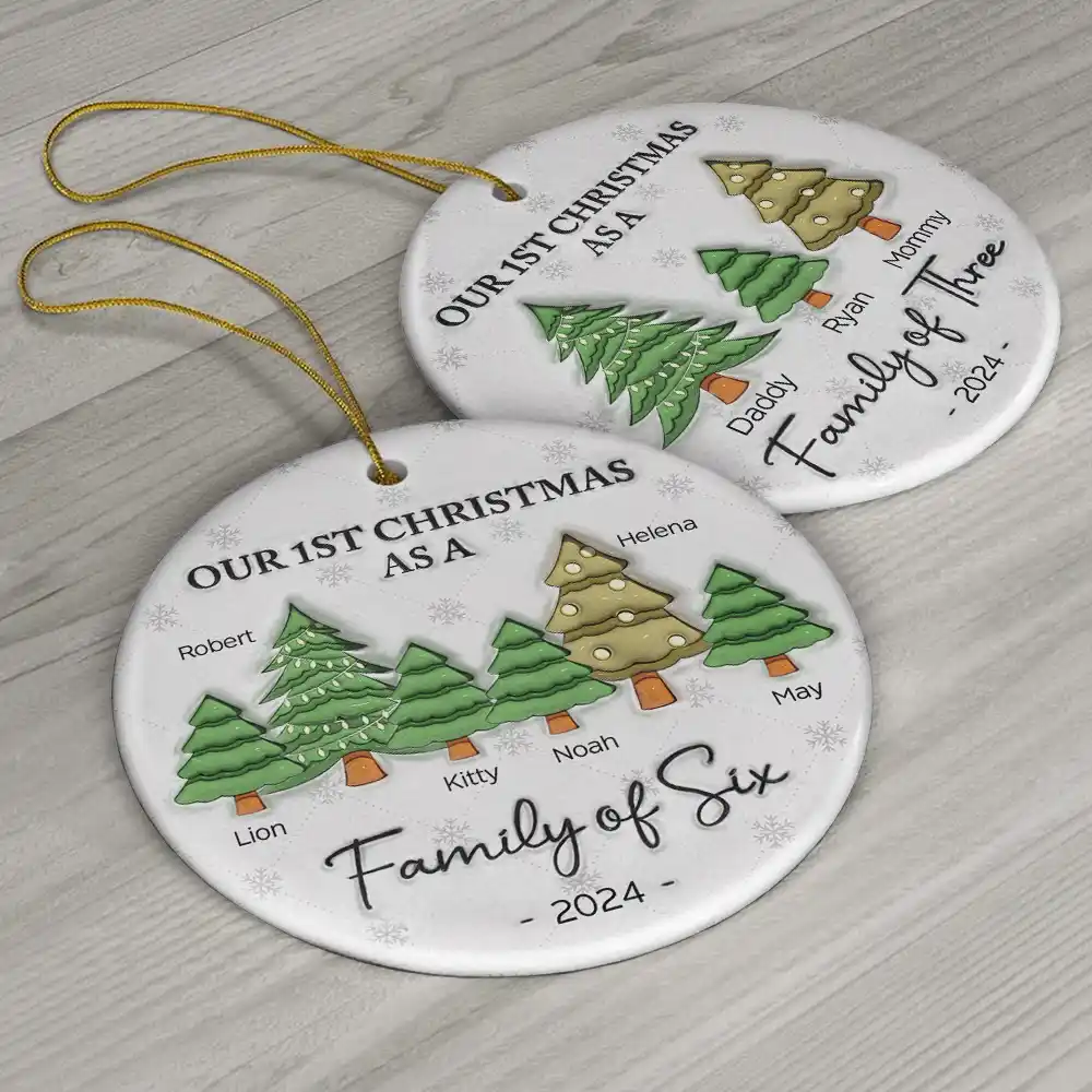 First Christmas As A Family Of Three - 3D Inflated Effect Printed Ornament, Personalized Circle Ceramic Ornament - Image 6