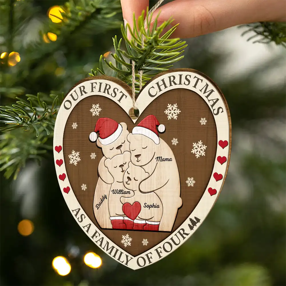 First Christmas As A Family Of Three Bears - Personalized Custom Shaped Wooden Ornament - Image 2