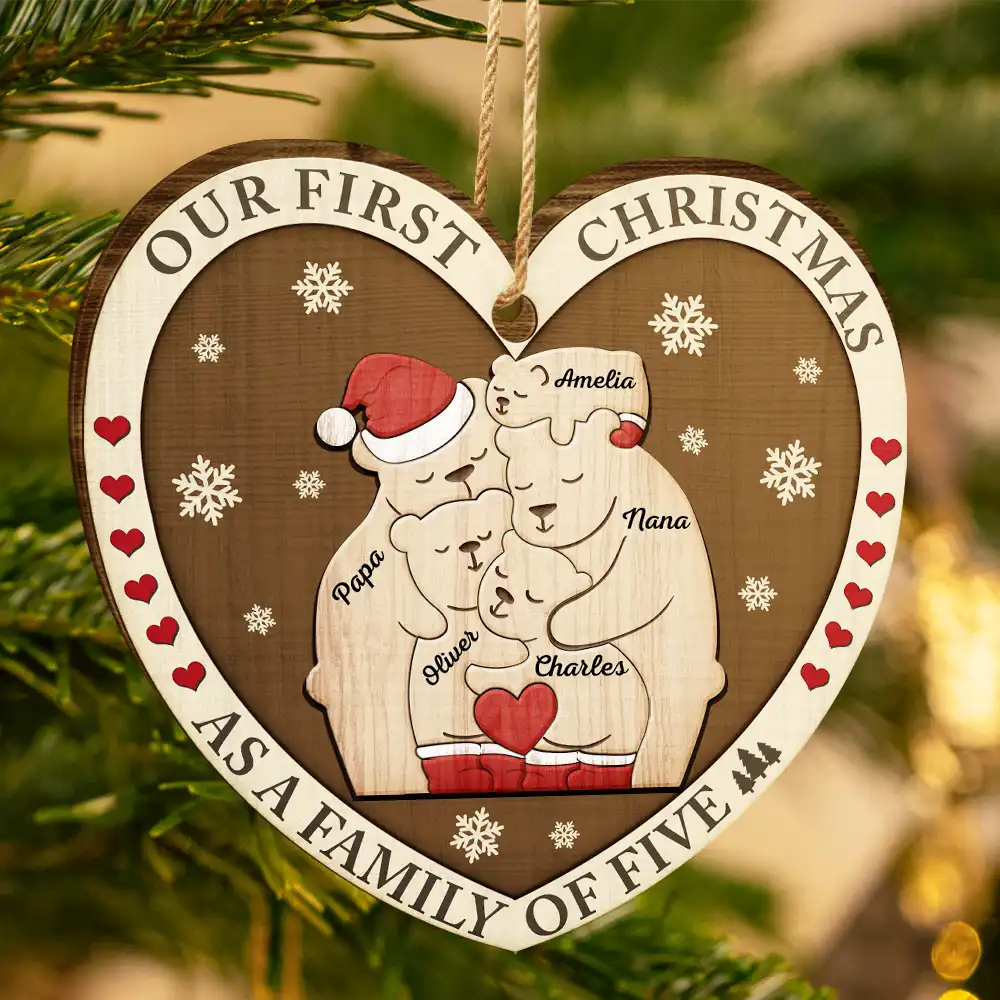 First Christmas As A Family Of Three Bears - Personalized Custom Shaped Wooden Ornament - Image 3