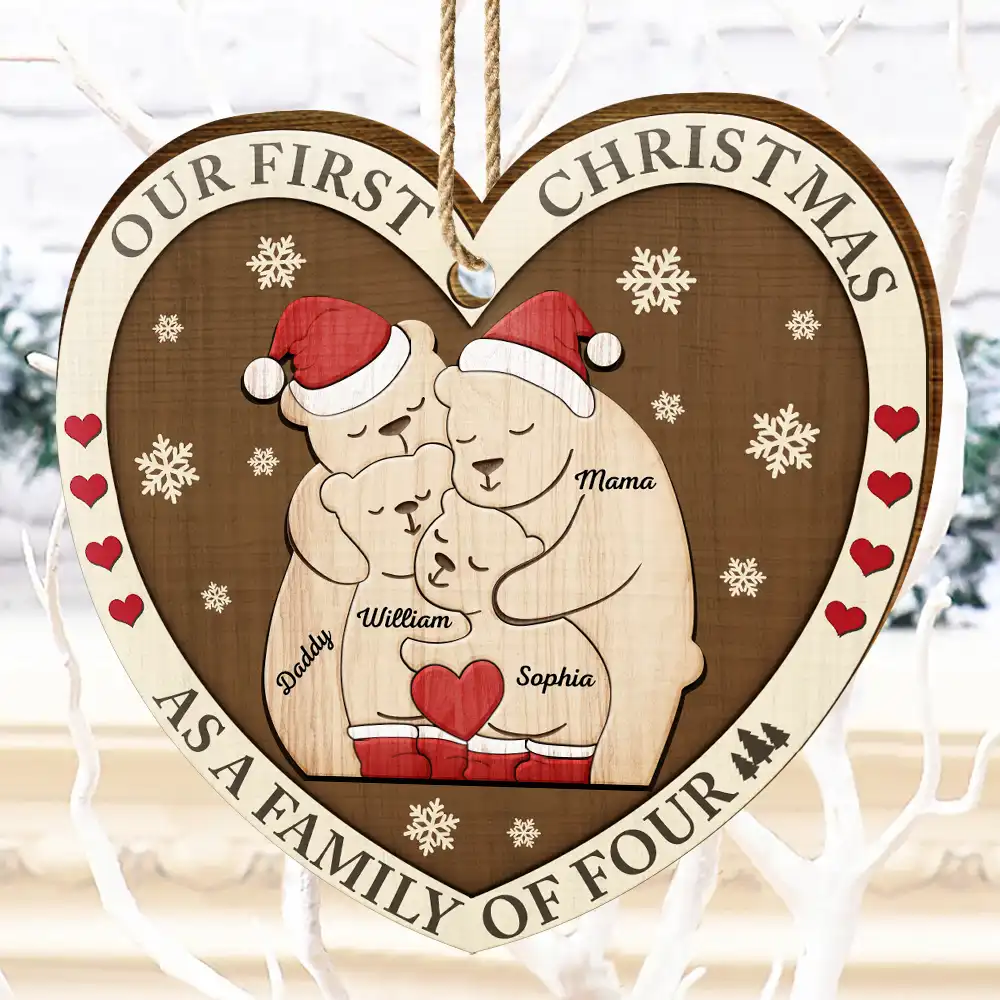 First Christmas As A Family Of Three Bears - Personalized Custom Shaped Wooden Ornament - Image 4