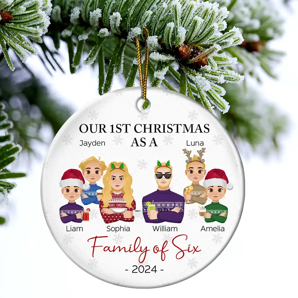 First Christmas As A Family Of Three Flat Art - Personalized Circle Ceramic Ornament - Image 4