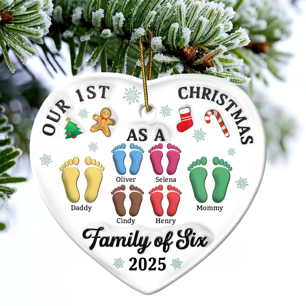 First Christmas As A Family Of Three Footprints 3D Effect - Personalized Heart Ceramic Ornament - Image 4
