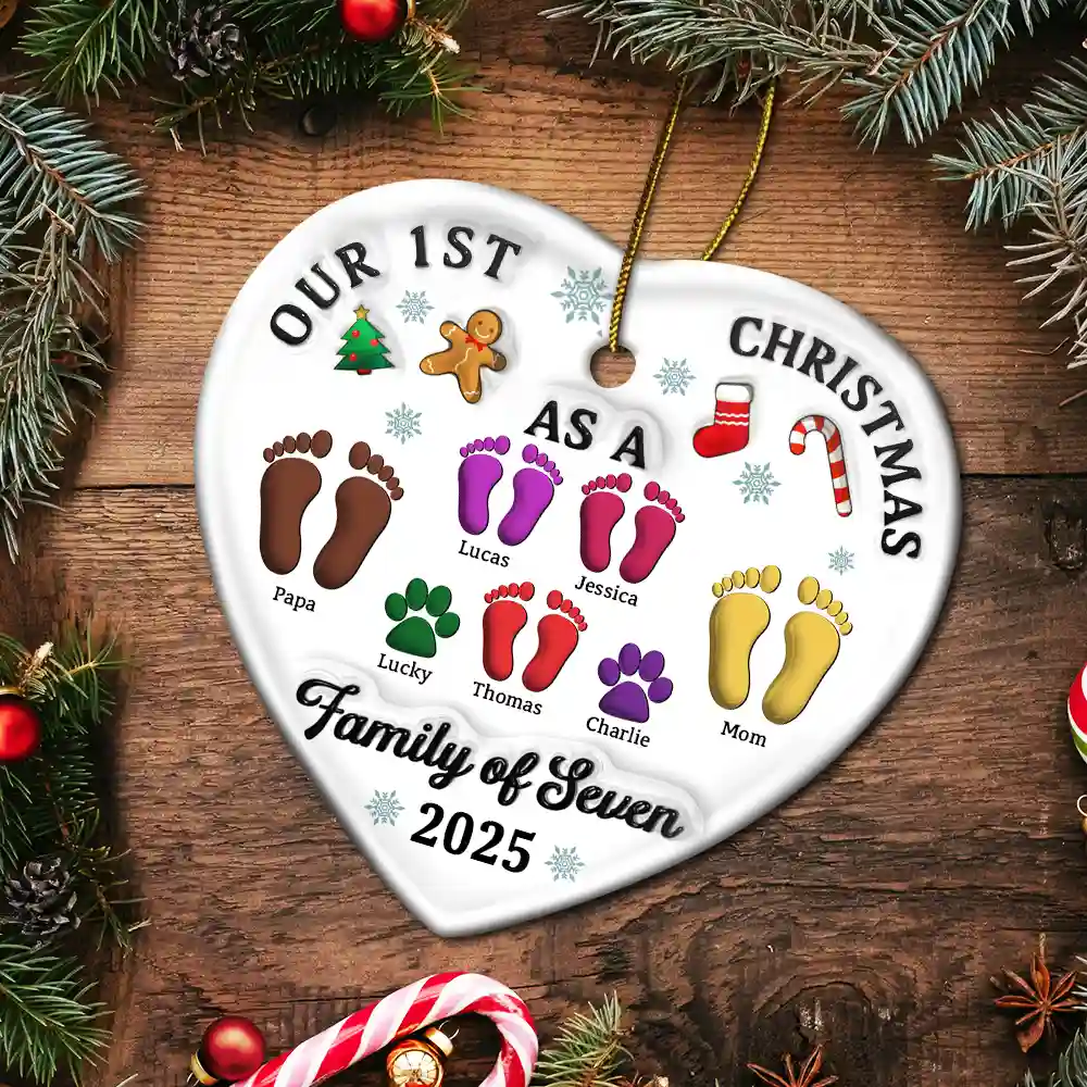 First Christmas As A Family Of Three Footprints 3D Effect - Personalized Heart Ceramic Ornament - Image 5