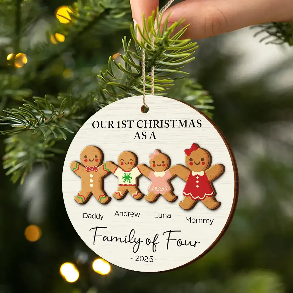 First Christmas As A Family Of Three Gingerbread - Personalized 2-Layered Wooden Ornament - Image 2