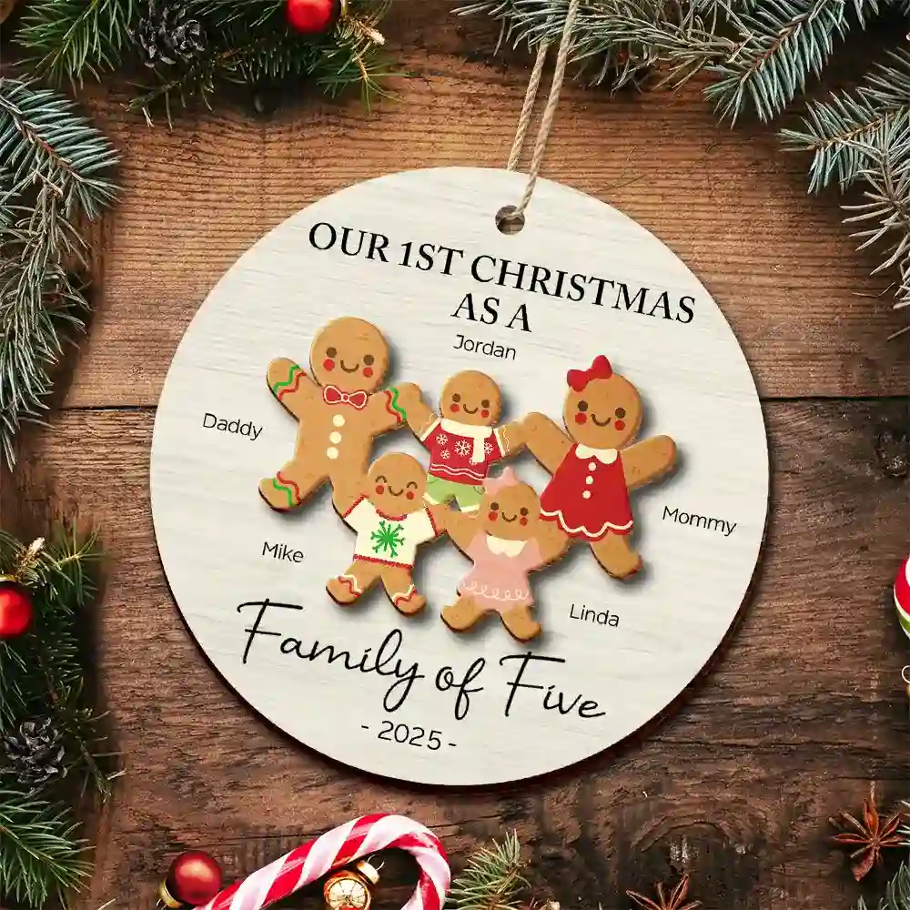 First Christmas As A Family Of Three Gingerbread - Personalized 2-Layered Wooden Ornament - Image 4