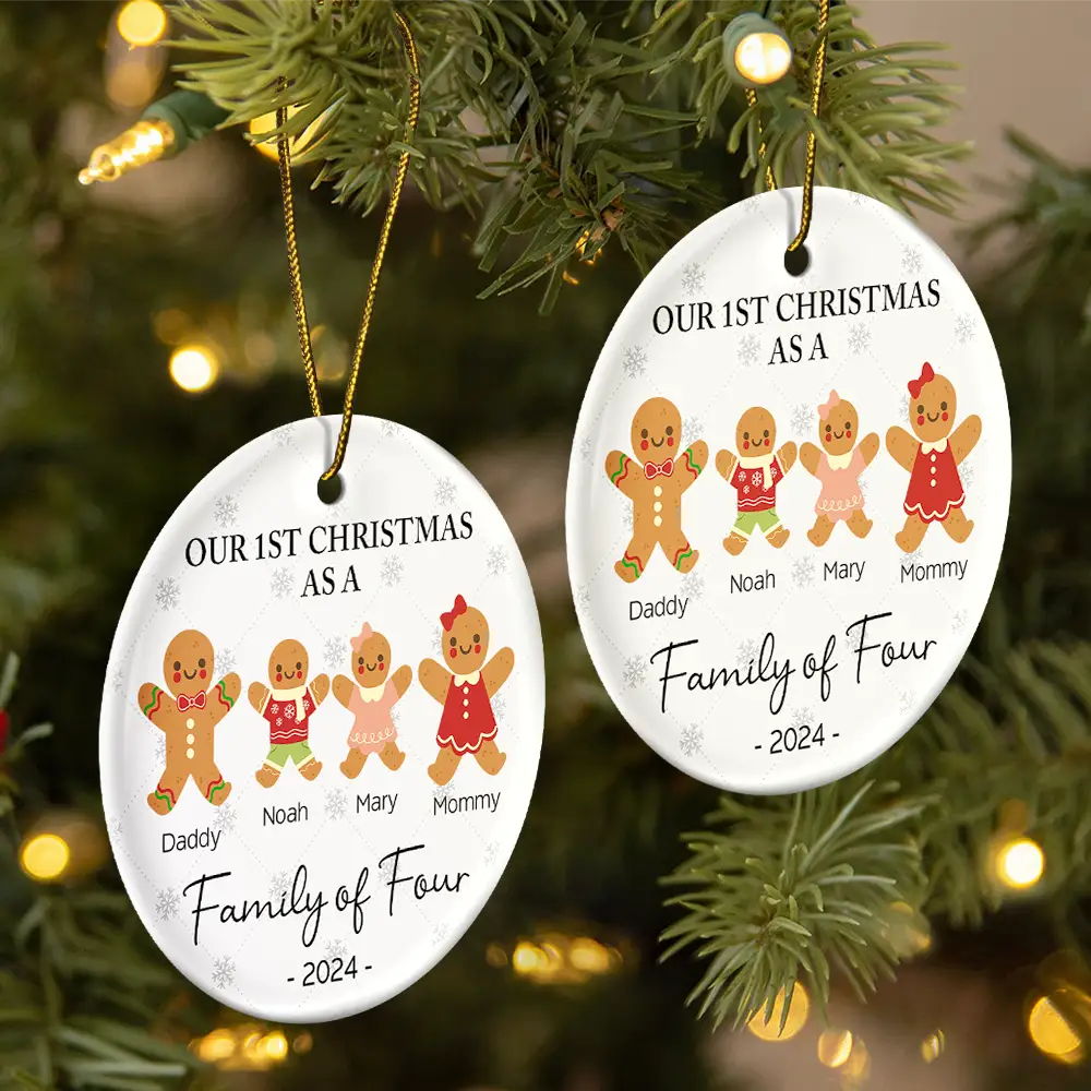 First Christmas As A Family Of Three Gingerbread - Personalized Circle Ceramic Ornament - Image 2