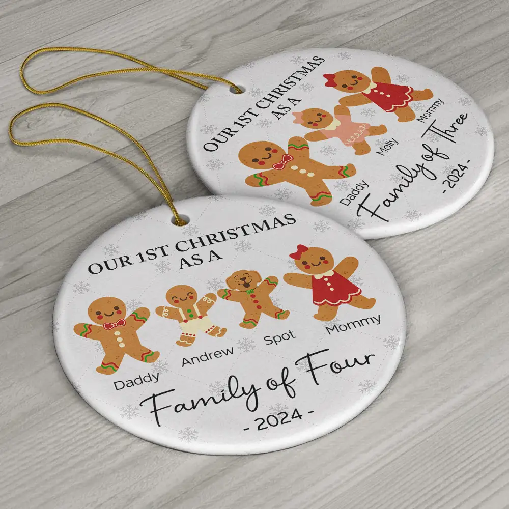 First Christmas As A Family Of Three Gingerbread - Personalized Circle Ceramic Ornament - Image 6