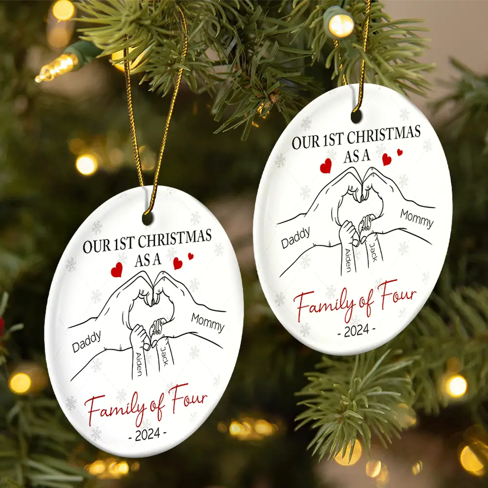 First Christmas As A Family Of Three Hand Heart - Personalized Circle Ceramic Ornament - Image 2