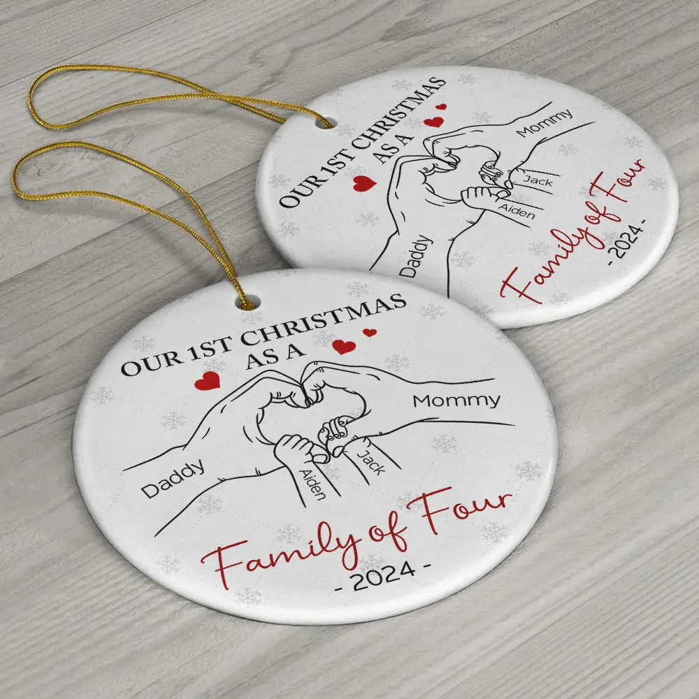 First Christmas As A Family Of Three Hand Heart - Personalized Circle Ceramic Ornament - Image 6