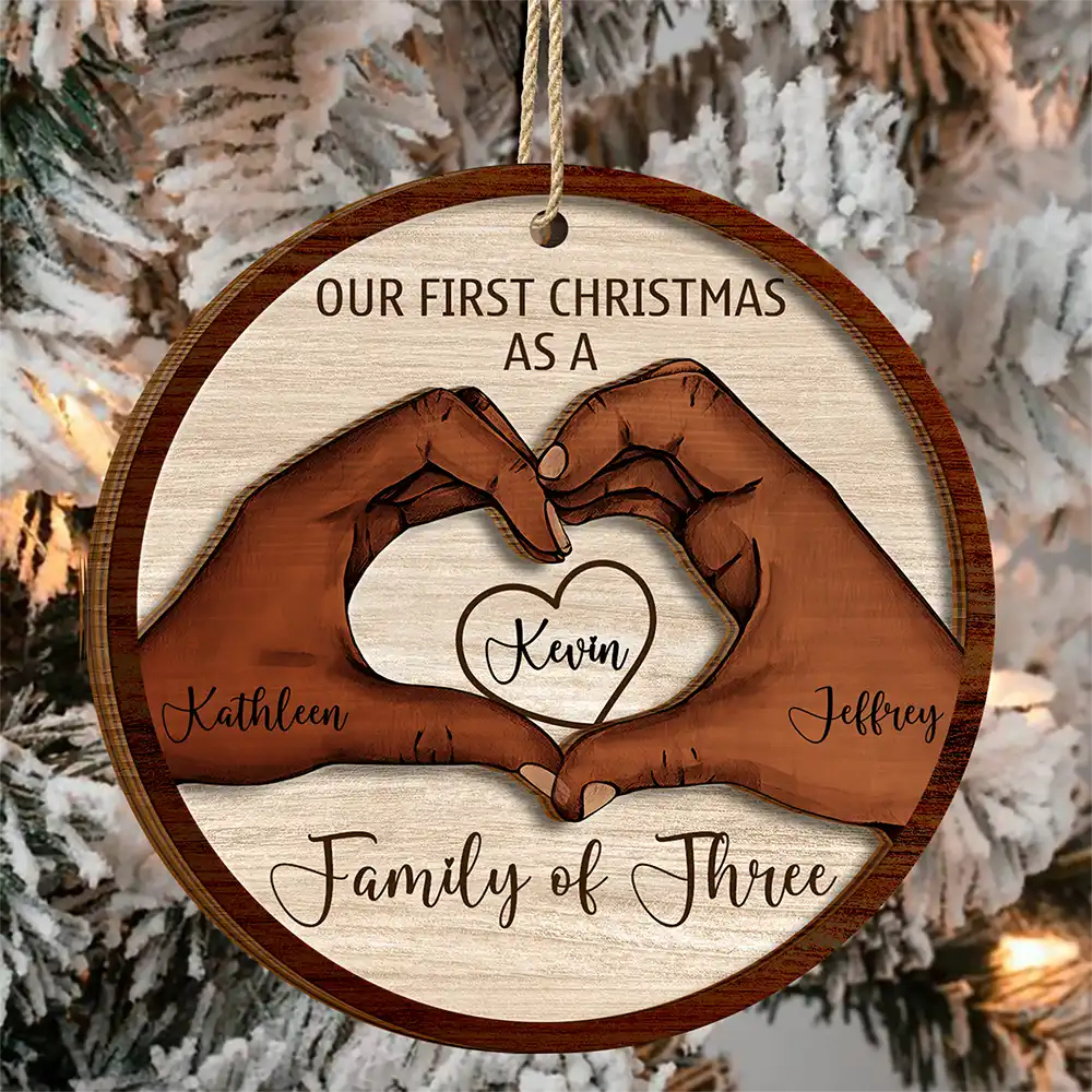 First Christmas As A Family Of Three Holding Hand - Personalized 2-Layered Wooden Ornament - Image 3