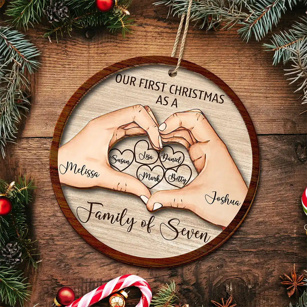 First Christmas As A Family Of Three Holding Hand - Personalized 2-Layered Wooden Ornament - Image 4