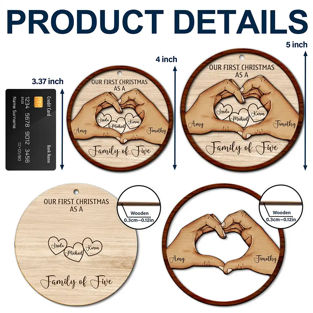 First Christmas As A Family Of Three Holding Hand - Personalized 2-Layered Wooden Ornament - Image 5