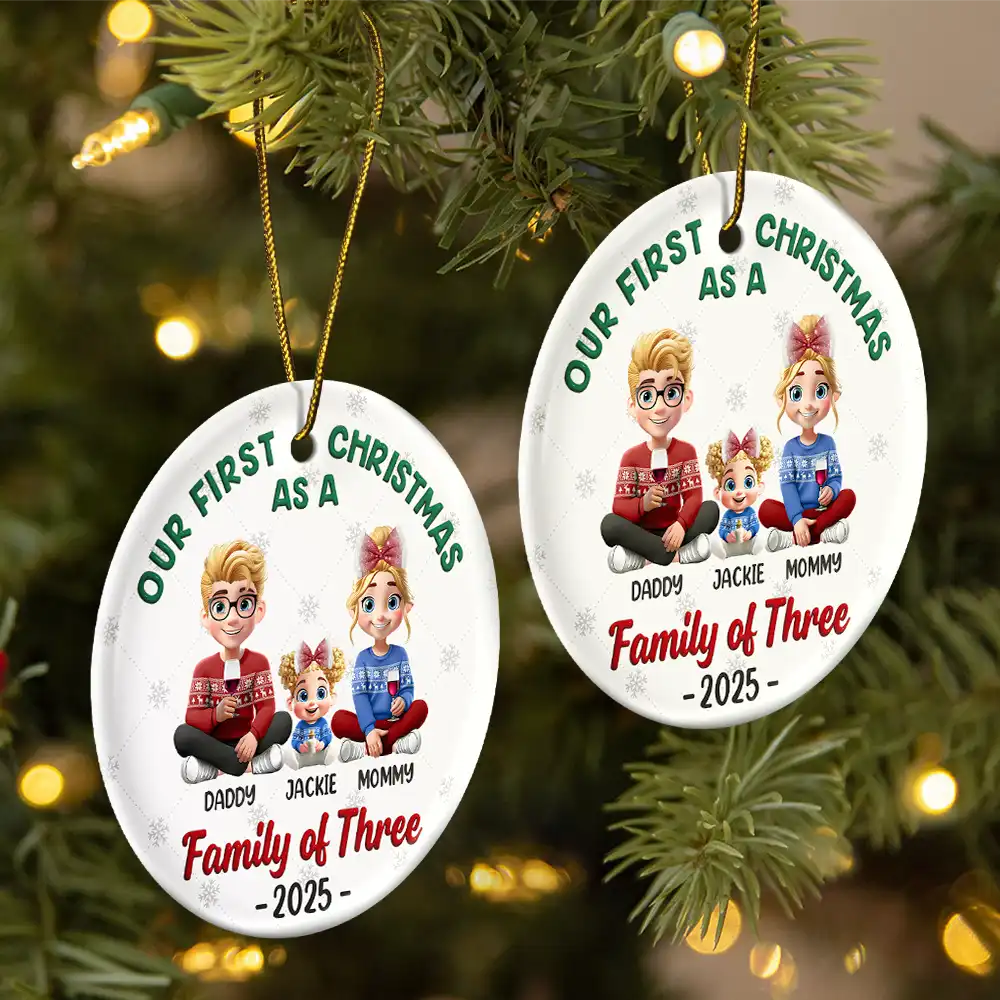 First Christmas As A Family Of Three New Parents 3D - Personalized Circle Ceramic Ornament - Image 2